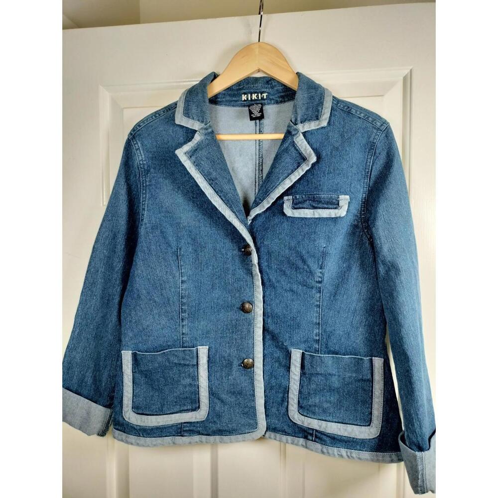 KIKIT Jeans Denim Blazer Jacket Y2K Large Blue Contrast‎ Trim Stretch L